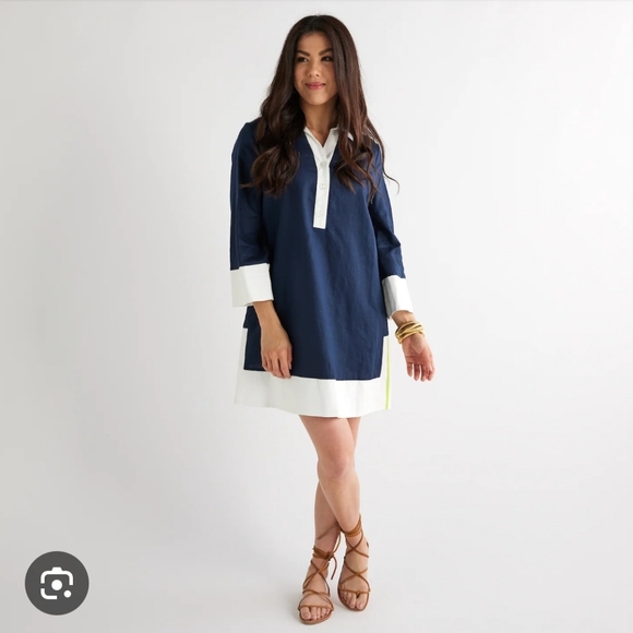 Caryn Lawn Cotton Linen Navy and White Rugby Style Tunic Dress Carrie Preppy - Picture 1 of 10